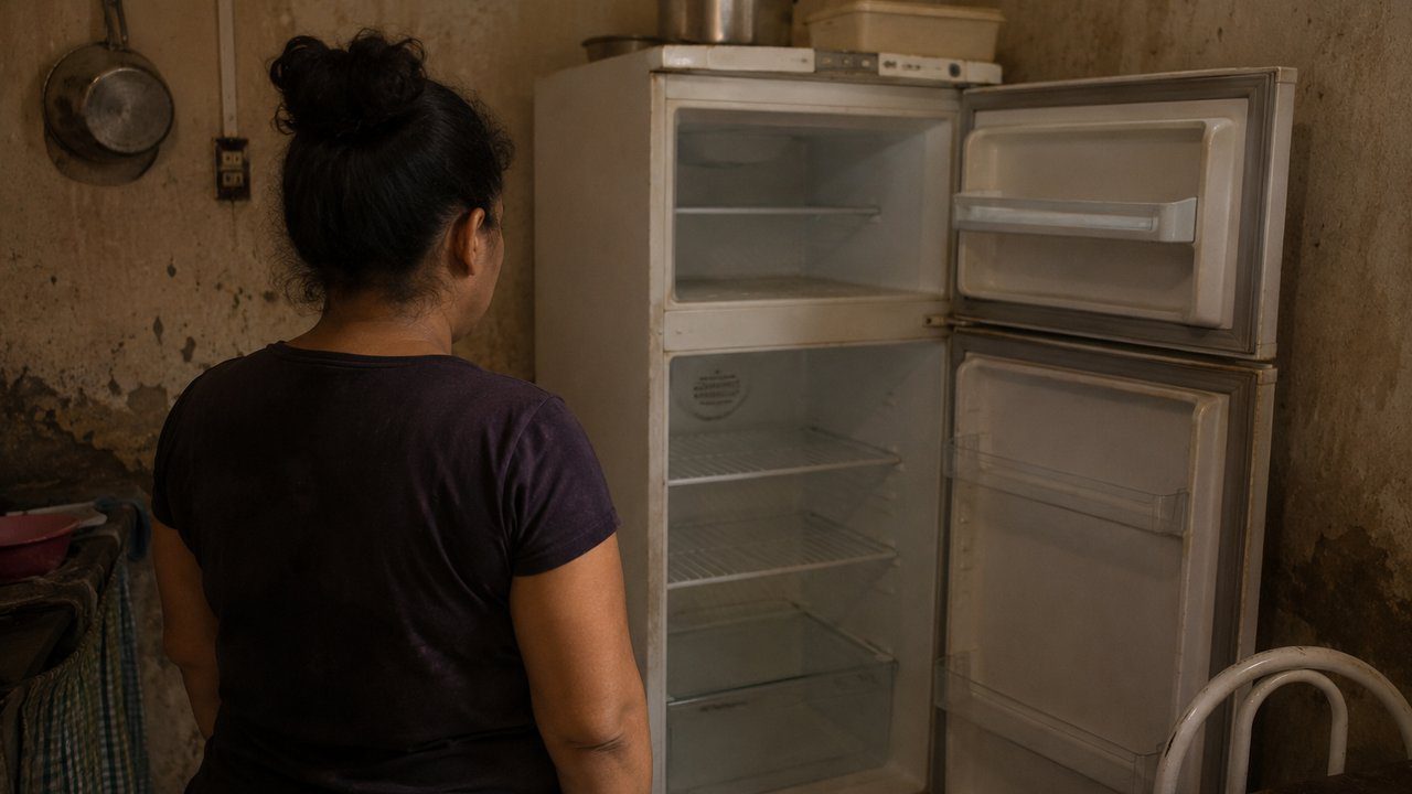 Mulher olha para geladeira vazia em ambiente precário, refletindo dificuldades financeiras.