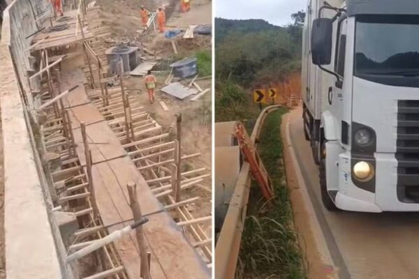 Obras na BR-495: desvio permite passagem de ônibus e caminhões após afundamento.