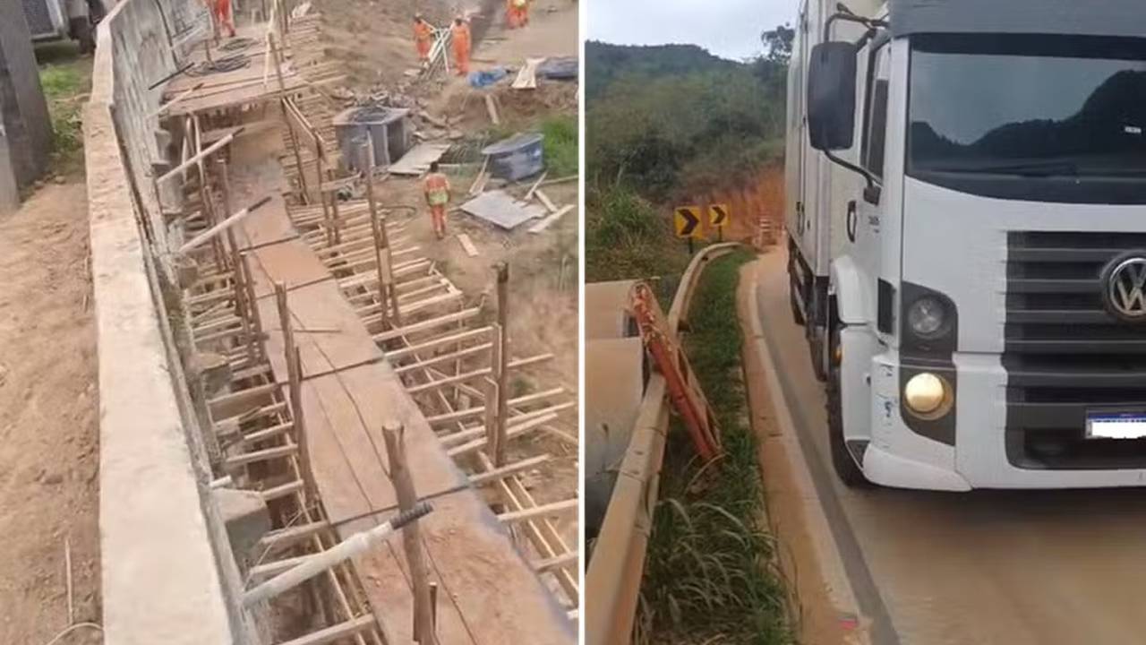 Obras na BR-495: desvio permite passagem de ônibus e caminhões após afundamento.