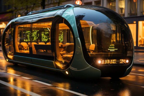 Ônibus elétrico futurista trafegando na cidade do Rio de Janeiro