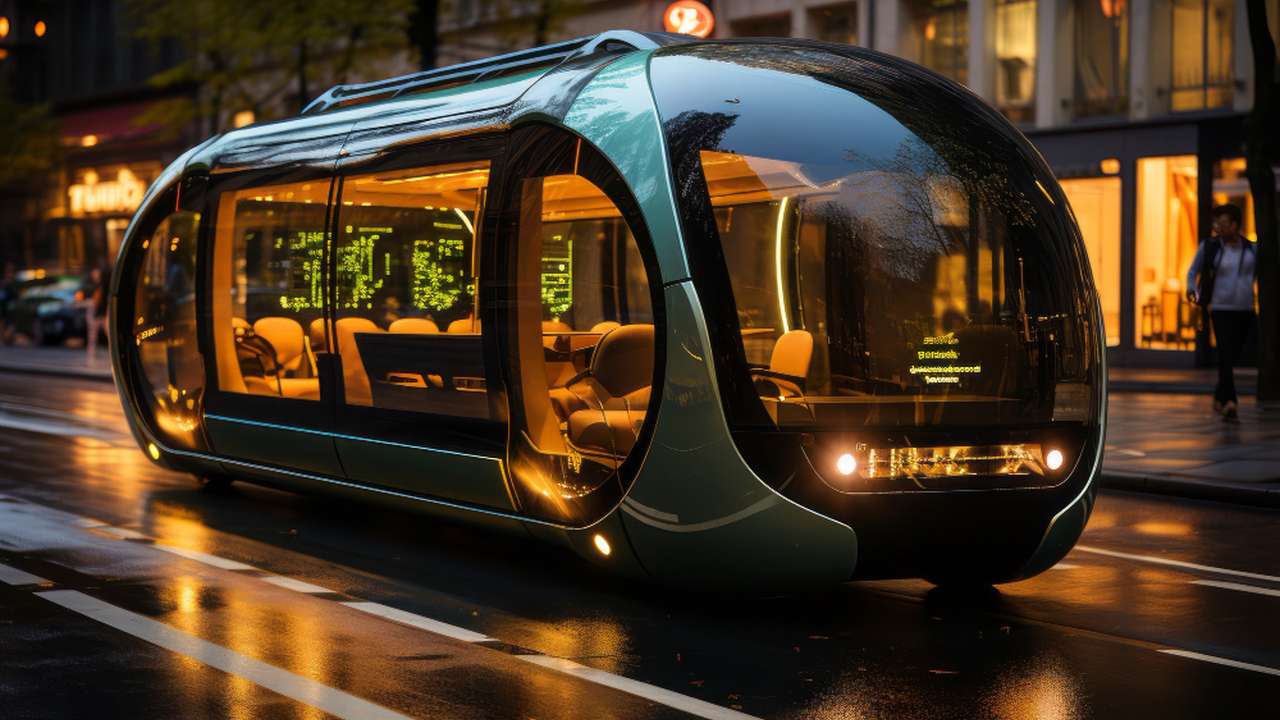 Ônibus elétrico futurista trafegando na cidade do Rio de Janeiro