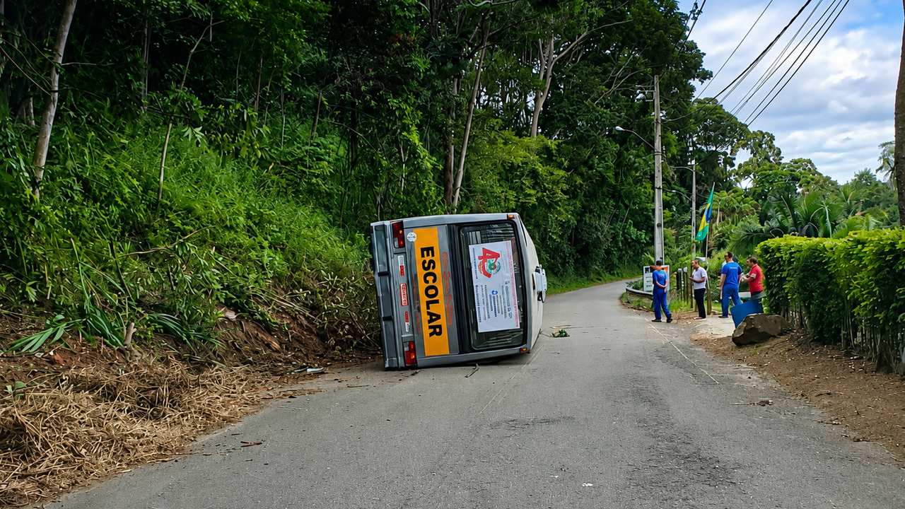 Ônibus escolar tombado em rodovia após acidente em Nova Friburgo, RJ.
