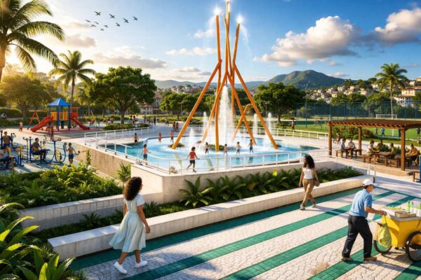 Parque urbano com chafariz, área de lazer e pessoas interagindo.