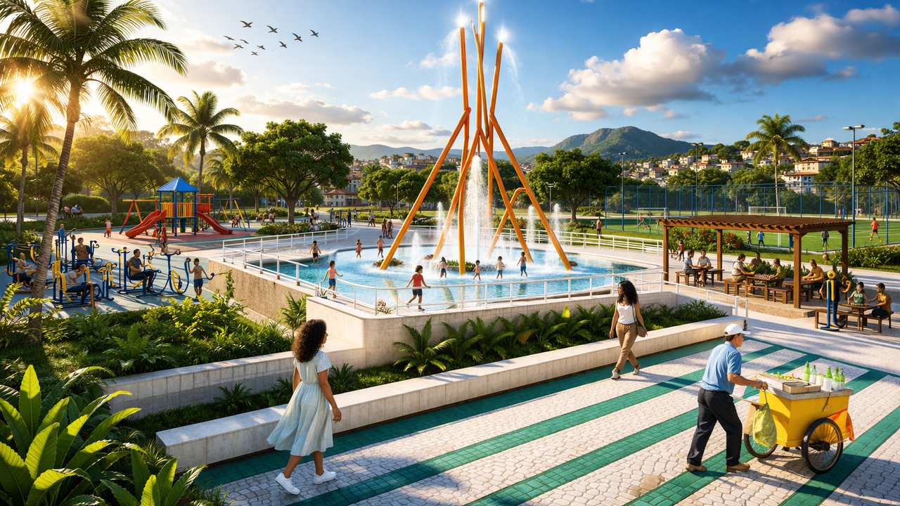 Parque urbano com chafariz, área de lazer e pessoas interagindo.