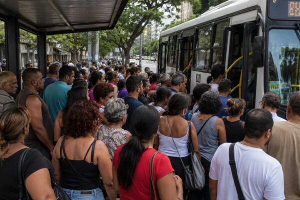 Passageiros em fila para entrar em ônibus no Rio de Janeiro