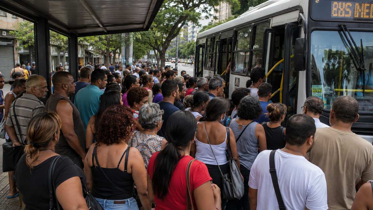 Passageiros em fila para entrar em ônibus no Rio de Janeiro