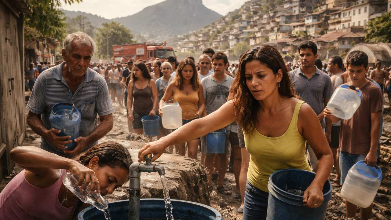 Pessoas em fila buscando água potável, com atmosfera de crise hídrica