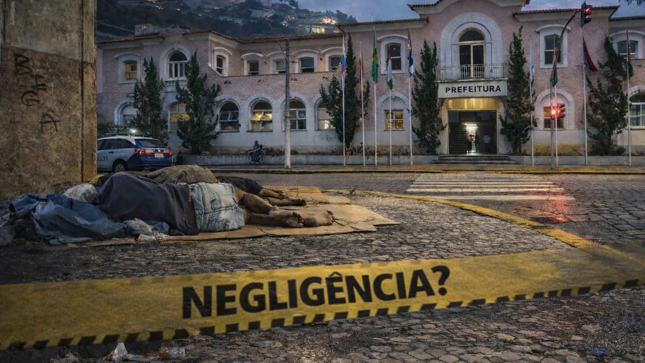 Pessoas em situação de rua dormem em frente à prefeitura. Faixa de alerta com a palavra 'Negligência'.