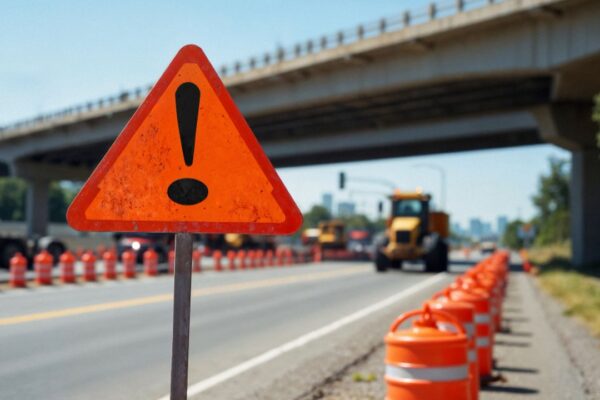 Placa de alerta de obras em rodovia com trânsito lento.
