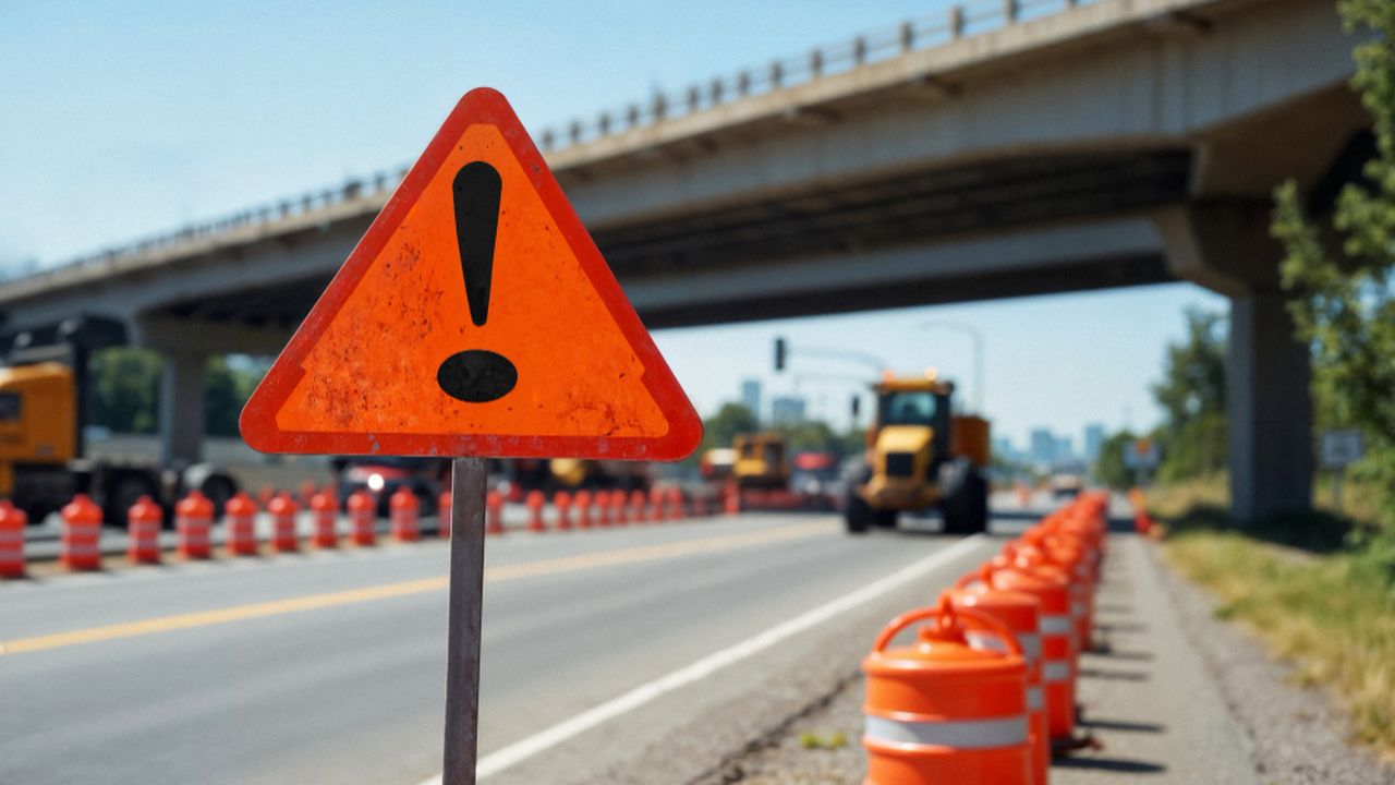 Placa de alerta de obras em rodovia com trânsito lento.