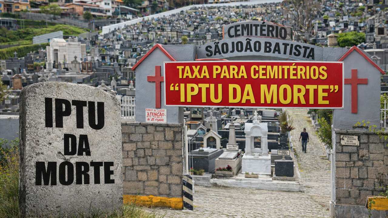 Placa de IPTU da morte em cemitério São João Batista, com aviso sobre taxa para cemitérios.