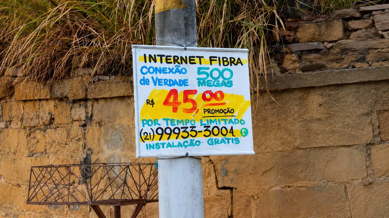 Placa de oferta de internet FIBRA com preço promocional de R$ 45,00, com detalhes de contato.
