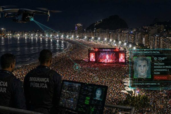 Polícia Militar monitorando evento em Copacabana com drone e reconhecimento facial. Foco em segurança durante show.