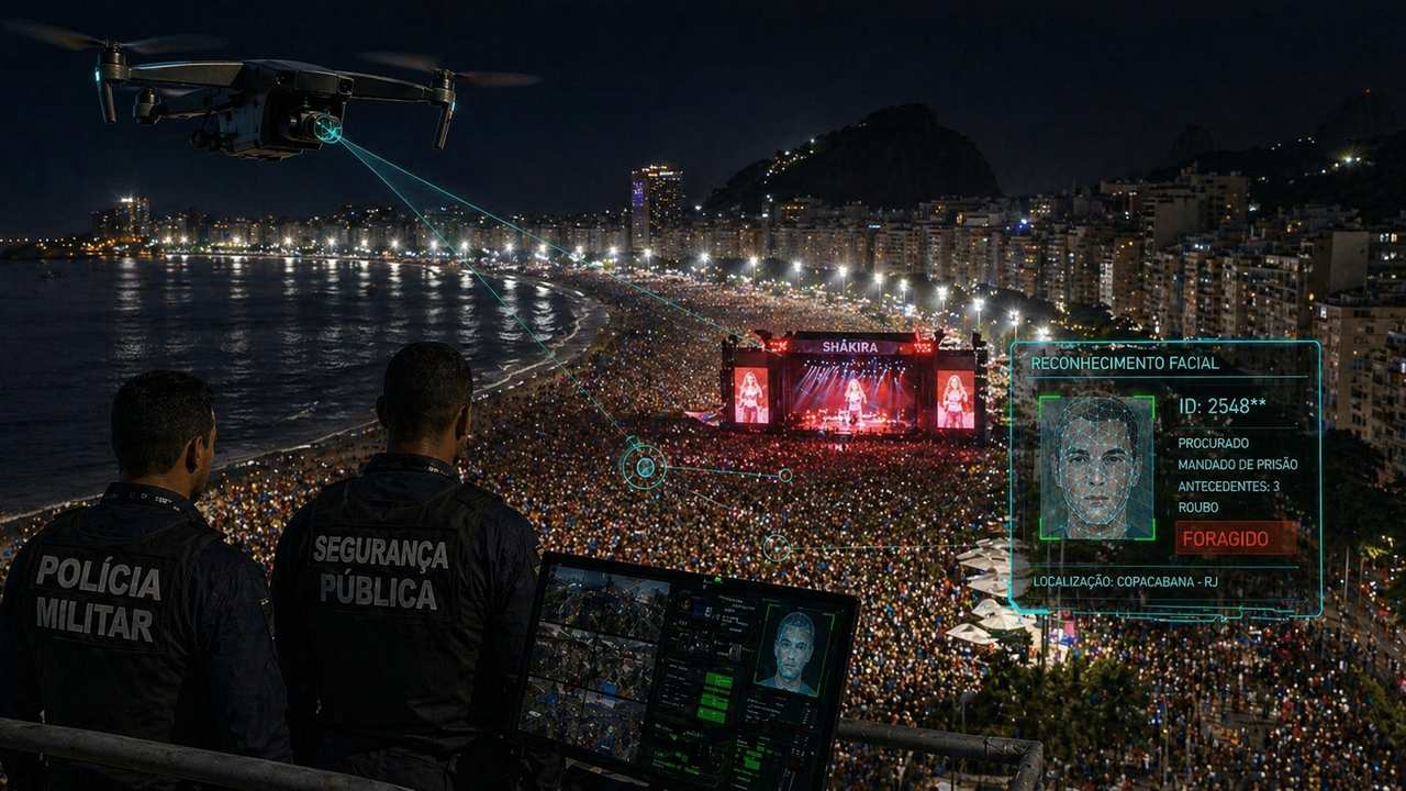 Polícia Militar monitorando evento em Copacabana com drone e reconhecimento facial. Foco em segurança durante show.