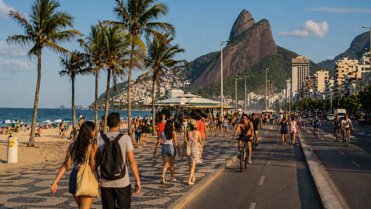 Praia de Ipanema no Rio de Janeiro, com pessoas caminhando e montanhas ao fundo.