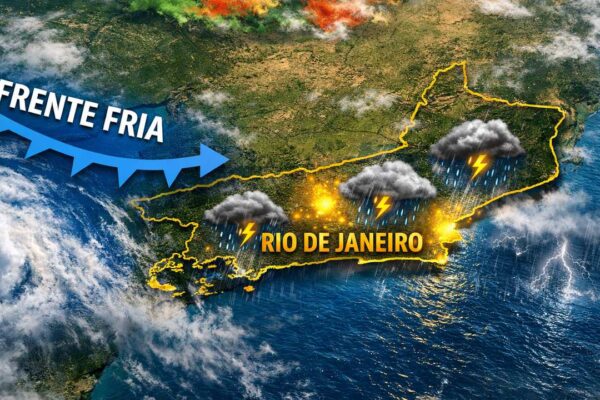 Previsão do tempo: frente fria com chuva e raios sobre o Rio de Janeiro.