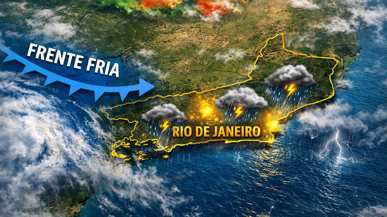Previsão do tempo: frente fria com chuva e raios sobre o Rio de Janeiro.