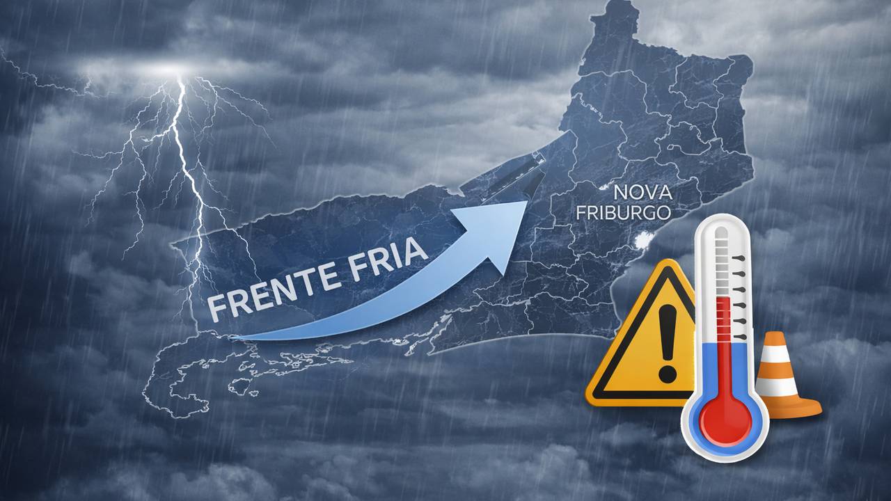 Previsão do tempo: frente fria no Rio de Janeiro com chuva, raios e queda de temperatura.