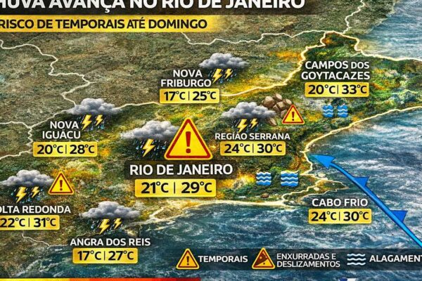 Previsão do tempo no Rio de Janeiro: Chuva, temporais e temperaturas variando entre 17°C e 33°C.