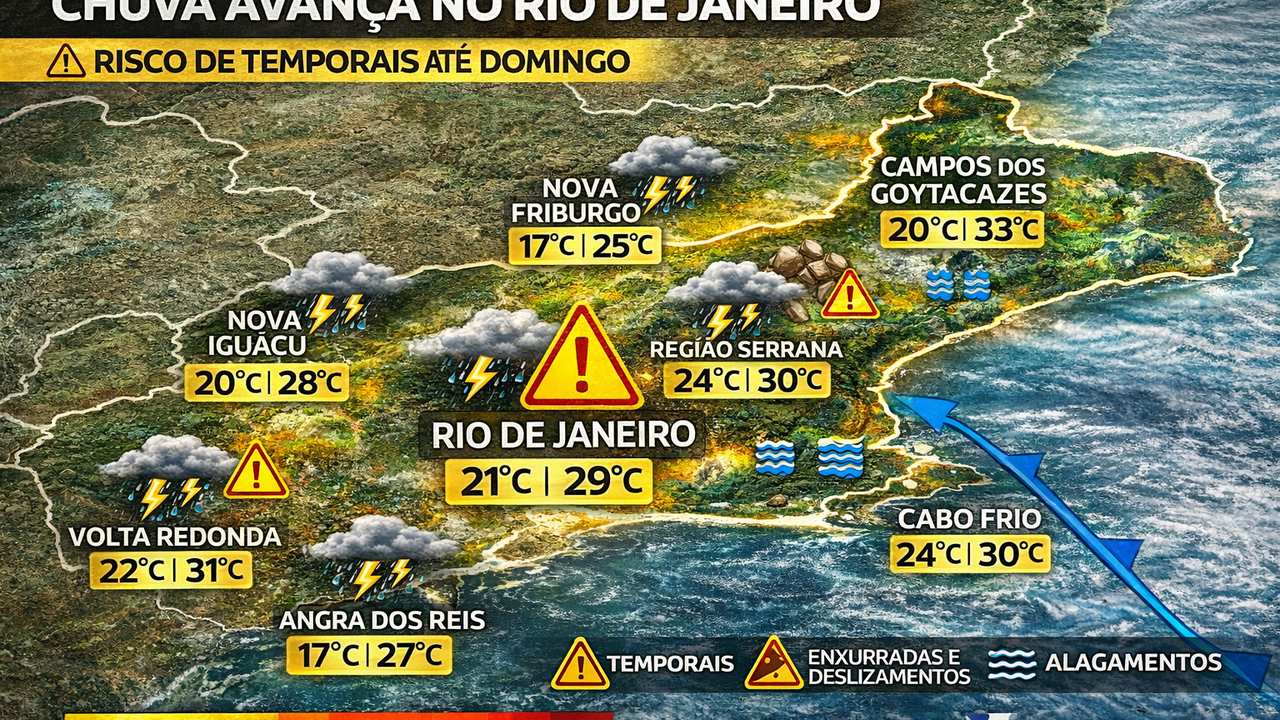 Previsão do tempo no Rio de Janeiro: Chuva, temporais e temperaturas variando entre 17°C e 33°C.