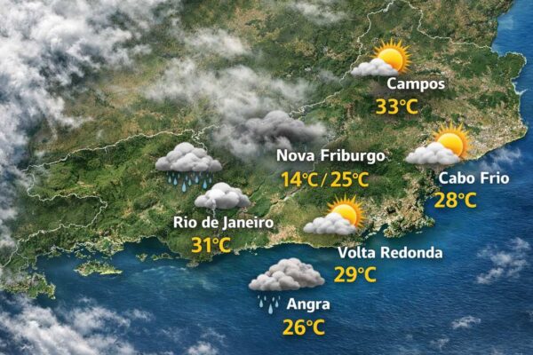 Previsão do tempo no Rio de Janeiro e outras cidades, com temperaturas e condições climáticas.