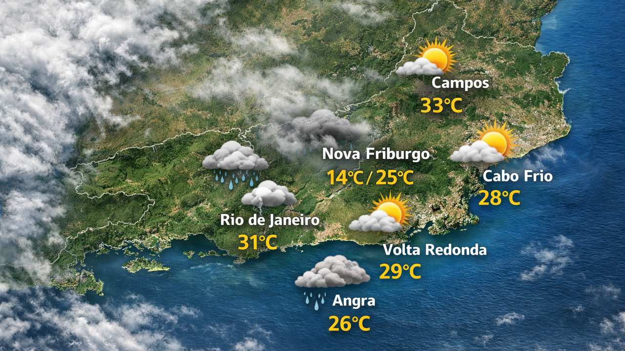 Previsão do tempo no Rio de Janeiro e outras cidades, com temperaturas e condições climáticas.