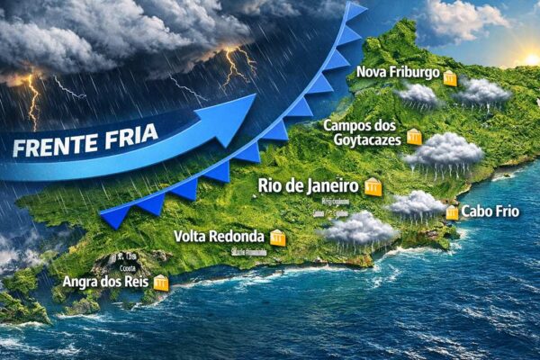 Previsão do tempo no Rio de Janeiro: Frente fria com chuva e queda de temperatura.