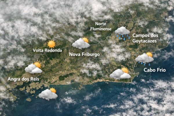 Previsão do tempo no Rio de Janeiro: sol em Volta Redonda e chuva em Campos dos Goytacazes, em 24/03/2026.