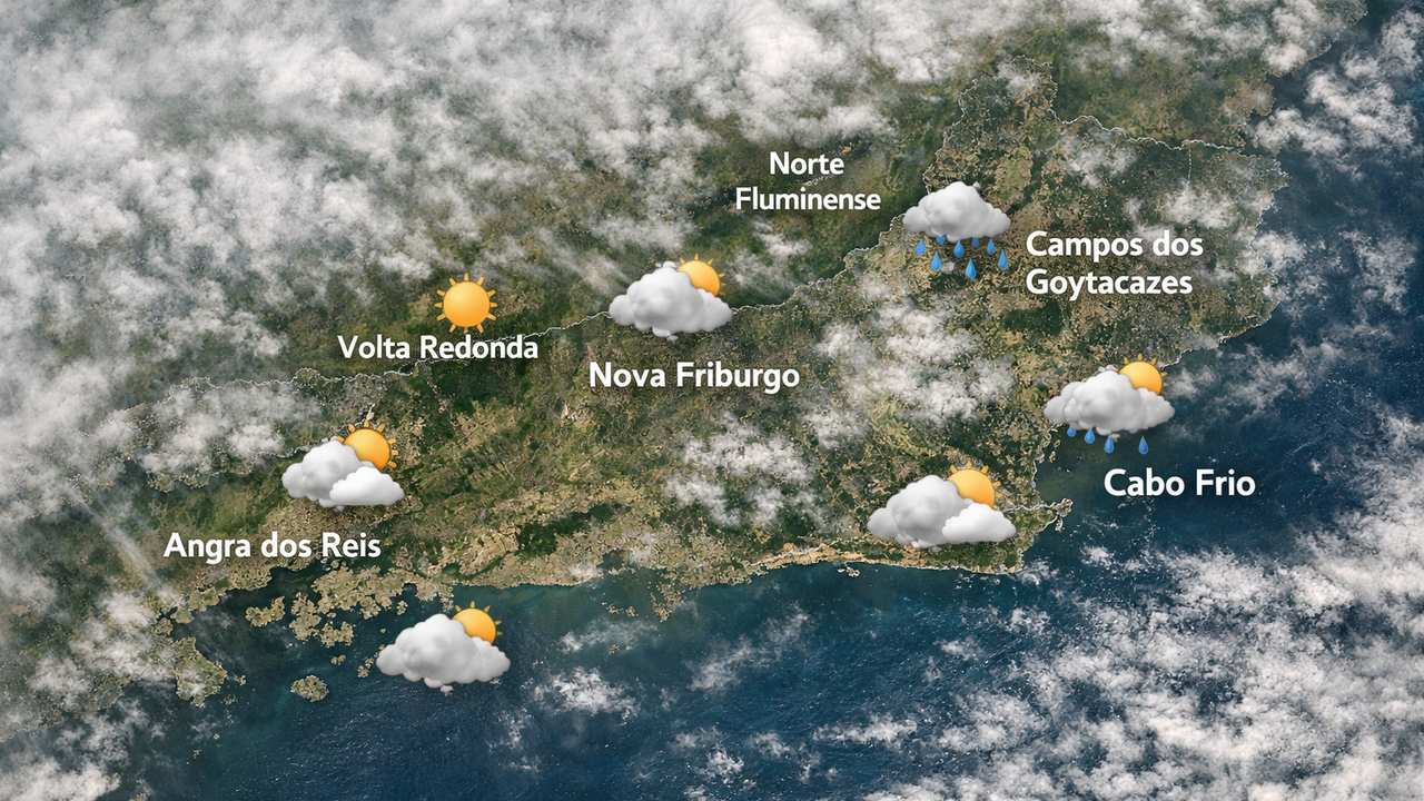 Previsão do tempo no Rio de Janeiro: sol em Volta Redonda e chuva em Campos dos Goytacazes, em 24/03/2026.