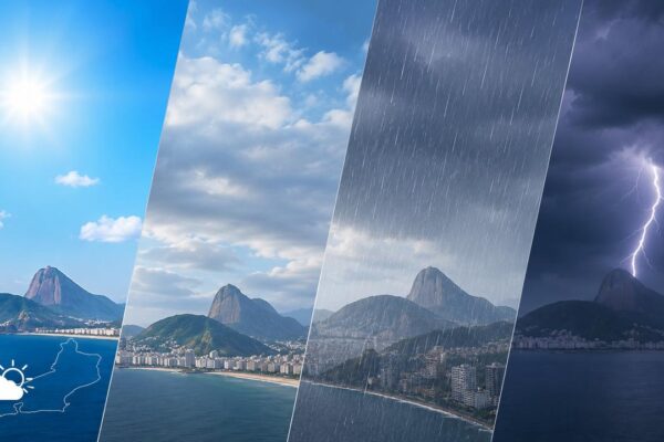 Previsão do tempo no Rio de Janeiro: sol, nuvens, chuva e tempestade com raios.