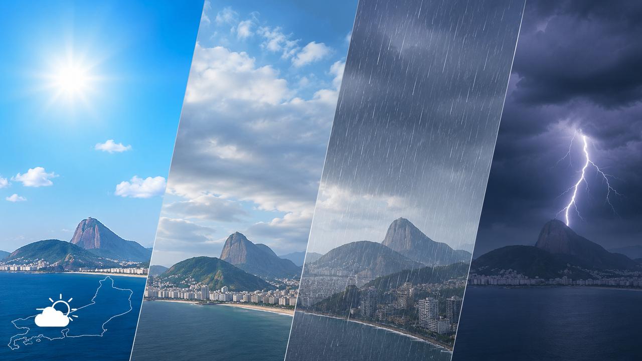 Previsão do tempo no Rio de Janeiro: sol, nuvens, chuva e tempestade com raios.