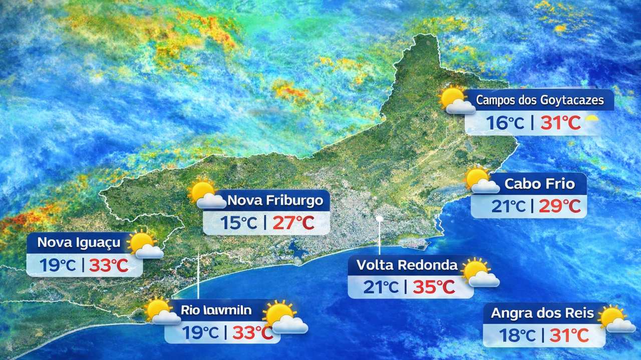 Previsão do tempo no Rio de Janeiro: temperaturas e condições climáticas em diversas cidades.