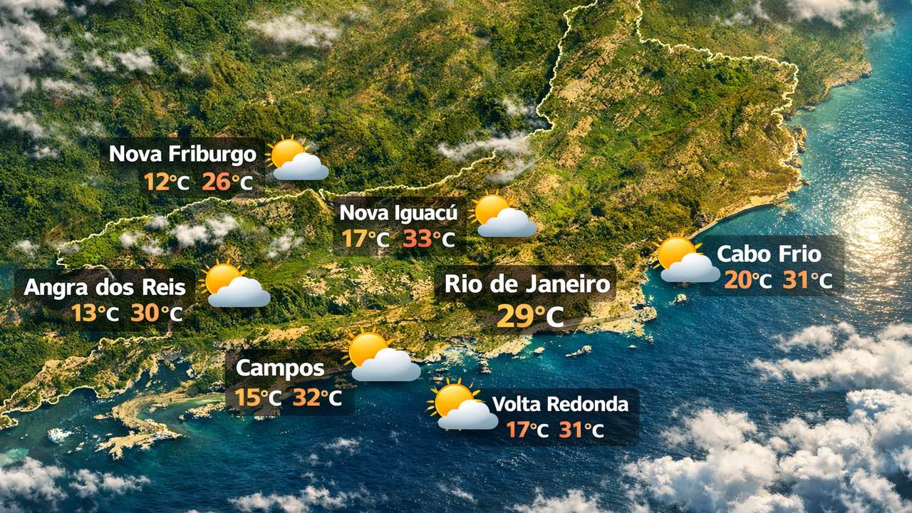 Previsão do tempo no Rio de Janeiro: temperaturas e condições climáticas em diversas cidades.