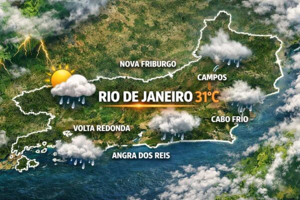 Previsão do tempo para o Rio de Janeiro e cidades próximas, com sol, chuva e temperatura de 31°C.