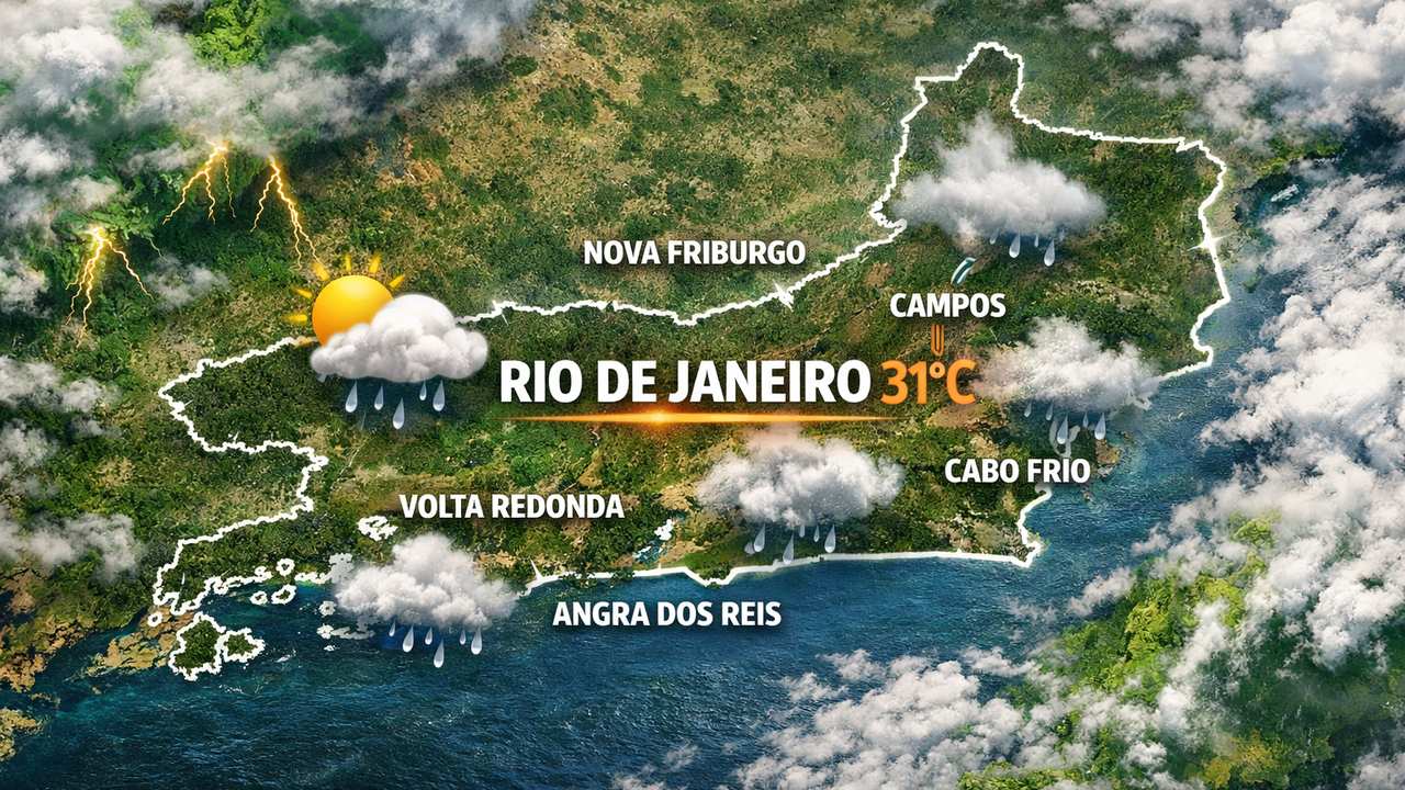 Previsão do tempo para o Rio de Janeiro e cidades próximas, com sol, chuva e temperatura de 31°C.