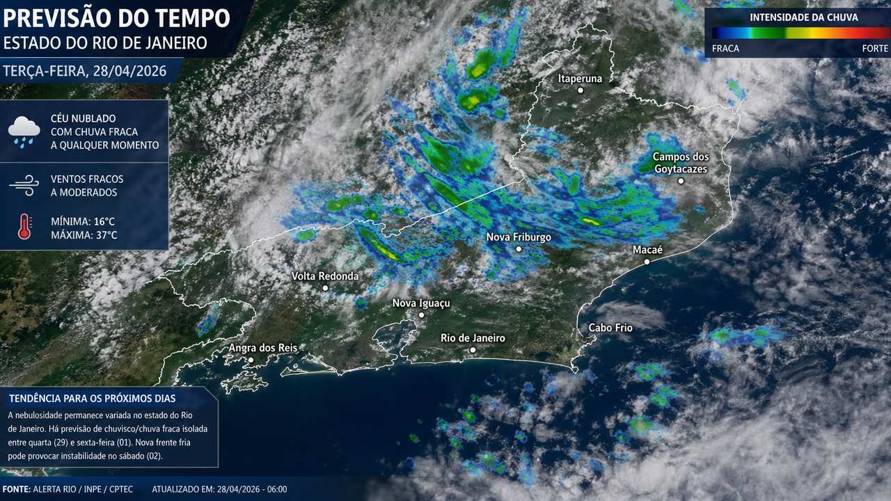 Previsão do tempo para o Rio de Janeiro em 28/04/2026: céu nublado com chuva fraca e ventos fracos.