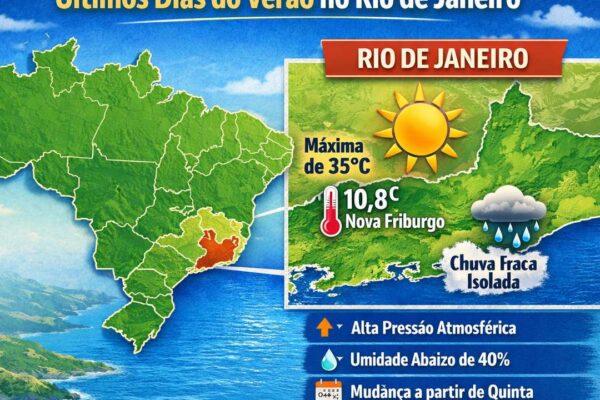 Previsão do tempo para o Rio de Janeiro: sol, 35°C, chuva fraca e isolada.