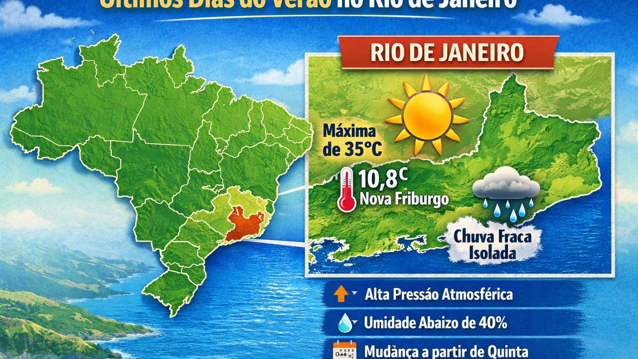 Previsão do tempo para o Rio de Janeiro: sol, 35°C, chuva fraca e isolada.