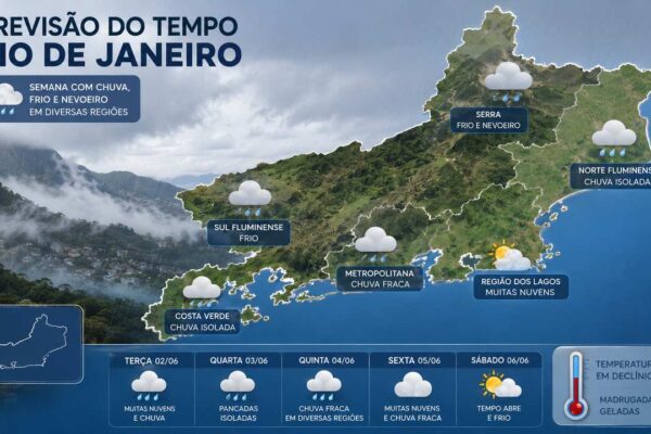 Previsão do tempo para Rio de Janeiro: semana com chuva, frio e nevoeiro em diversas regiões.