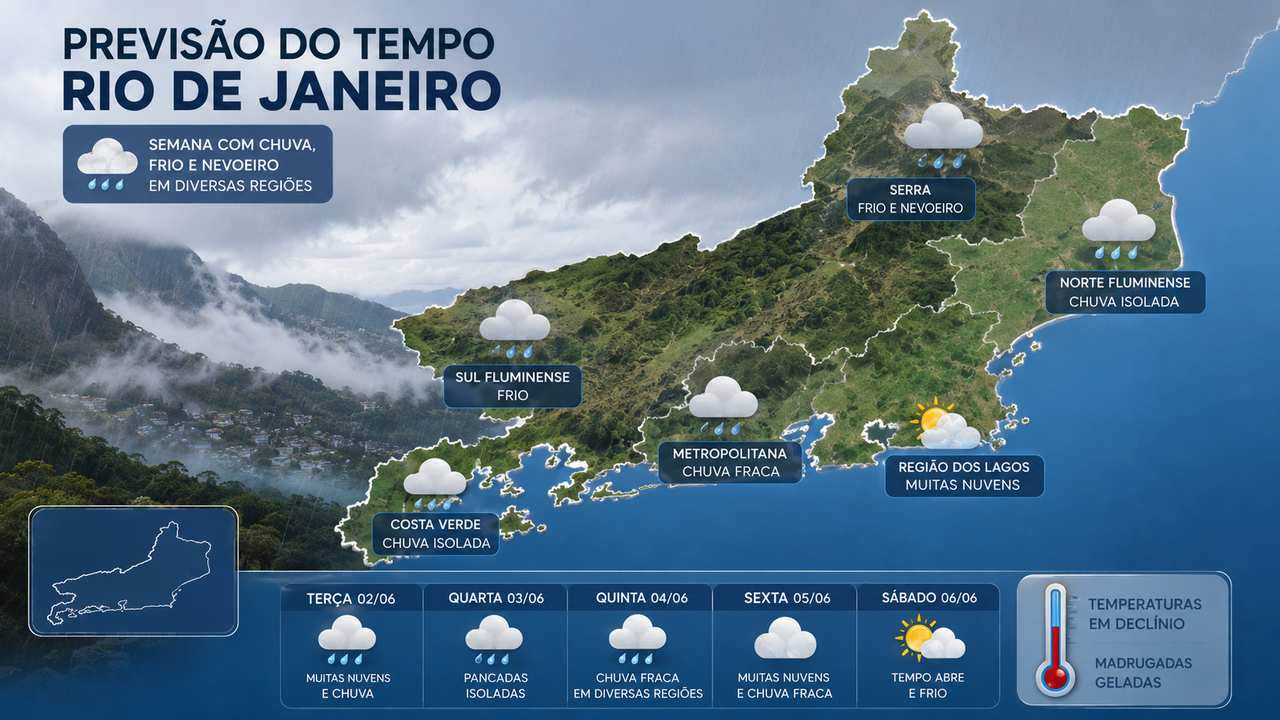 Previsão do tempo para Rio de Janeiro: semana com chuva, frio e nevoeiro em diversas regiões.