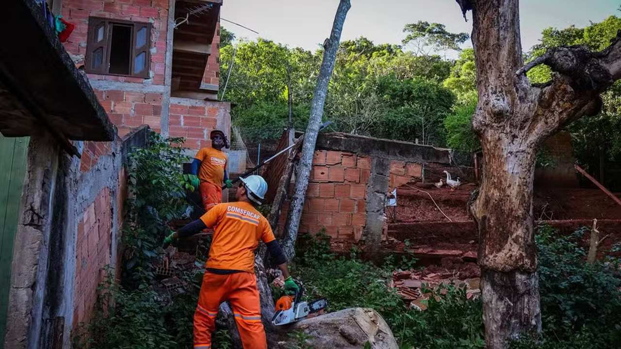 Profissionais cortando árvore após deslizamento de terra em Cabo Frio