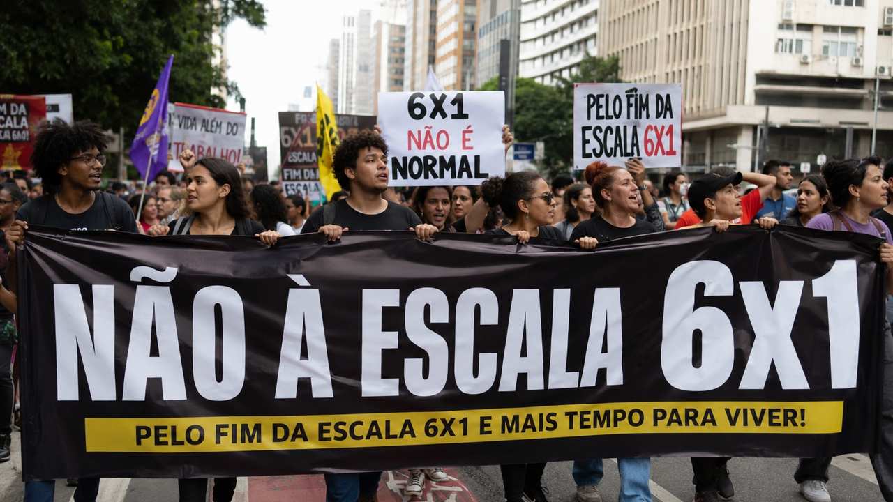Protesto contra a escala 6x1, com cartazes e faixa "Não à Escala 6x1".