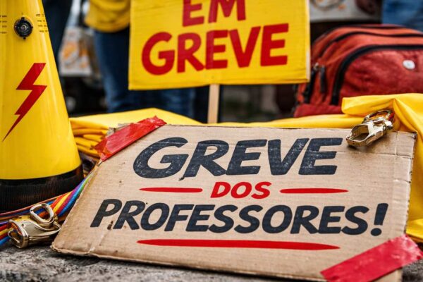 Protesto de professores com cartaz escrito 'Greve dos Professores' e megafone.