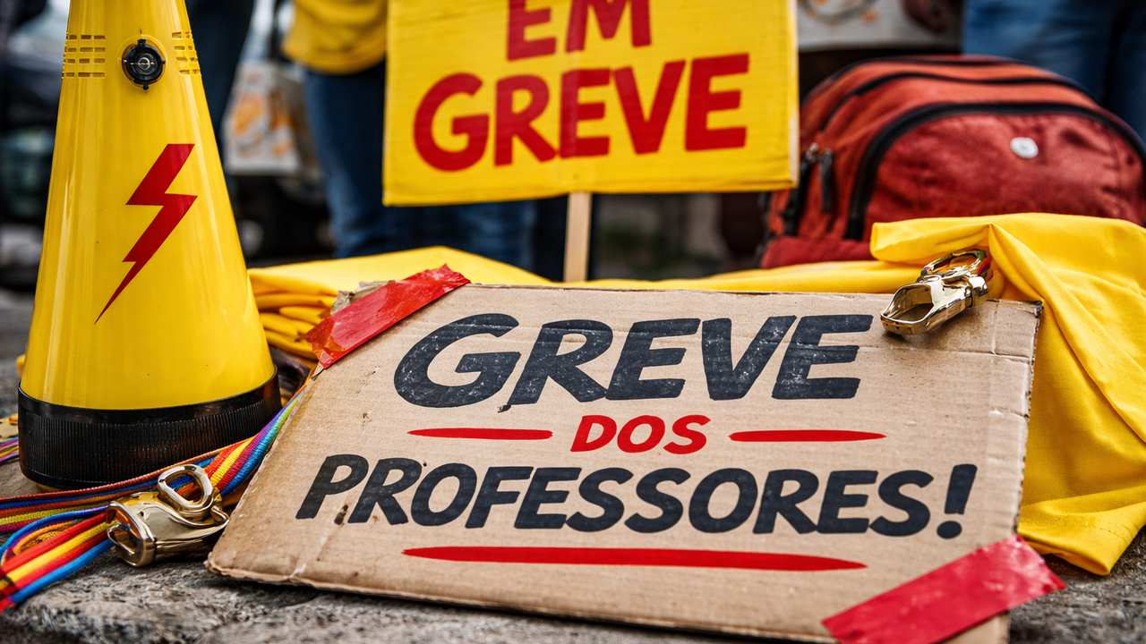 Protesto de professores com cartaz escrito 'Greve dos Professores' e megafone.