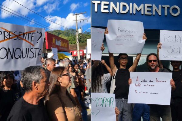 Protesto em Nova Friburgo por nomeação de posto de saúde. Cartazes pedem respeito e homenageiam Isadora.