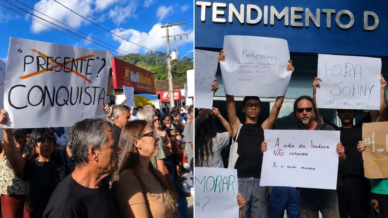 Protesto em Nova Friburgo por nomeação de posto de saúde. Cartazes pedem respeito e homenageiam Isadora.