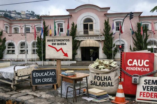 Protesto em Nova Friburgo: sinais de crise econômica e cortes em investimentos.