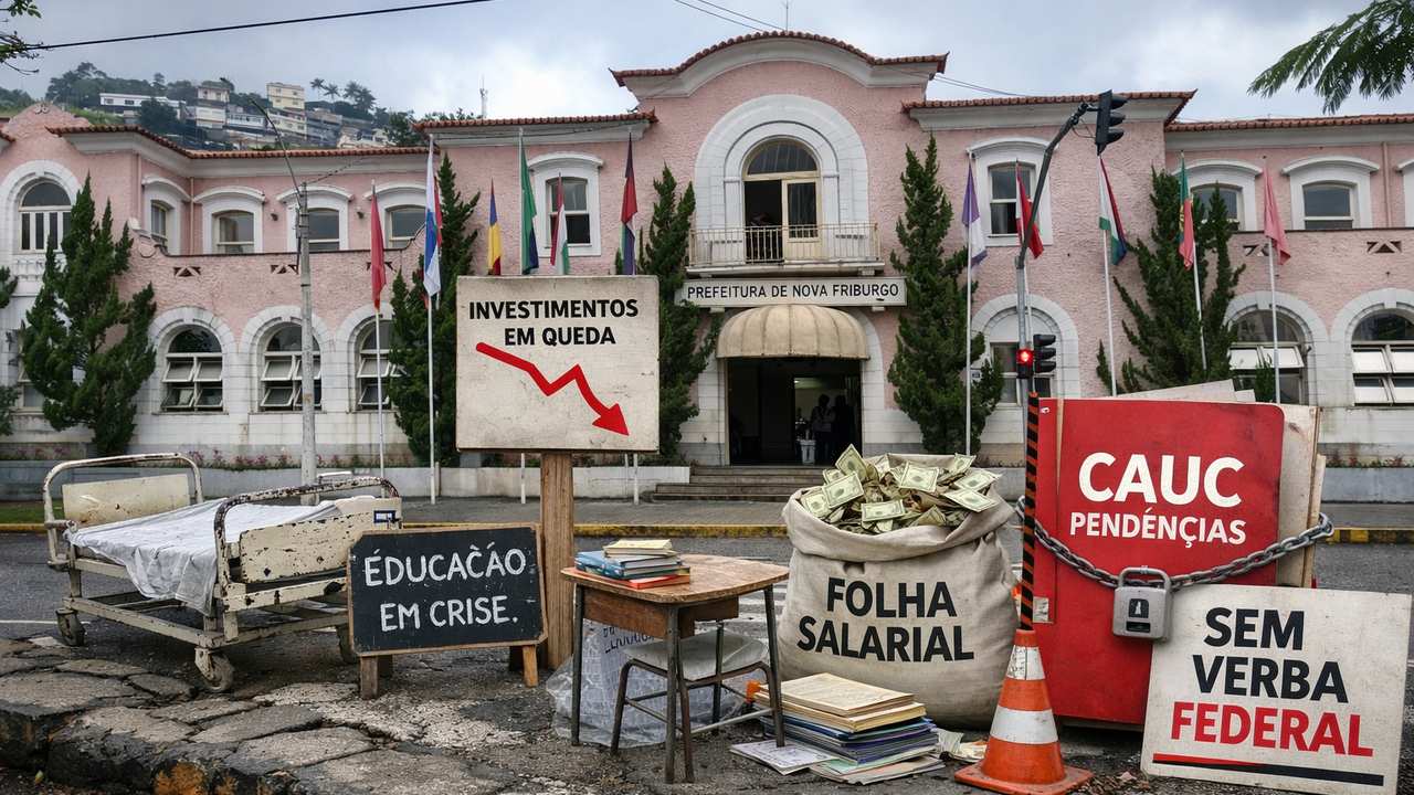Protesto em Nova Friburgo: sinais de crise econômica e cortes em investimentos.