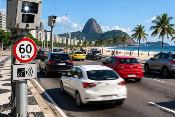 Radar de velocidade com limite de 60 km/h em via com carros em movimento, orla do Rio de Janeiro.