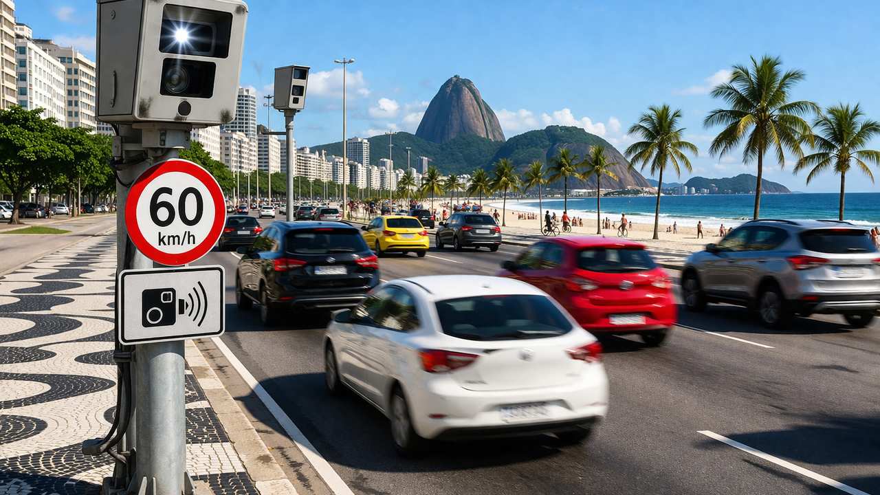Radar de velocidade com limite de 60 km/h em via com carros em movimento, orla do Rio de Janeiro.